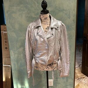 Zara Silver Metallic Biker Jacket - Size XL